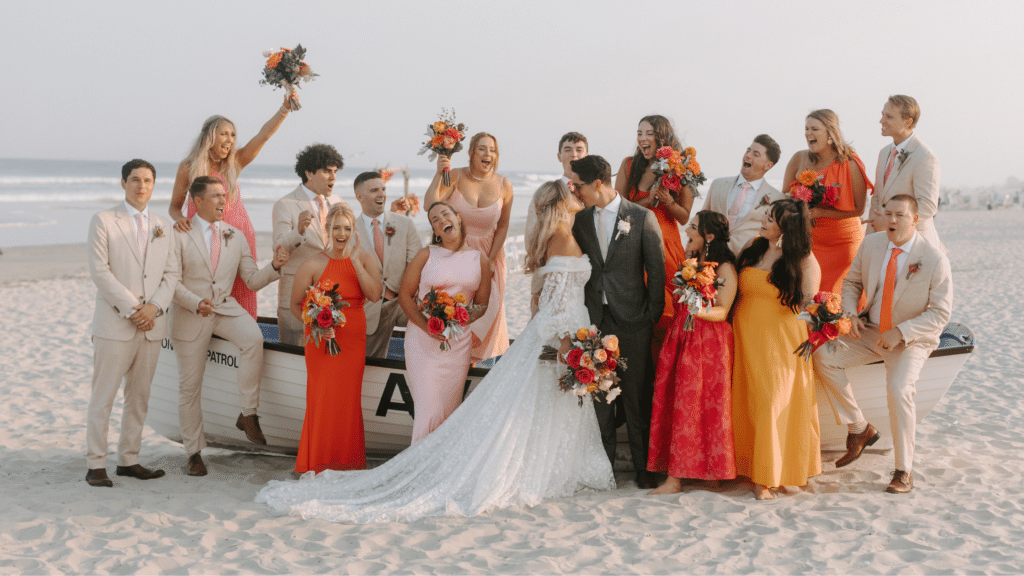 Wedding party in bright, sunset colors