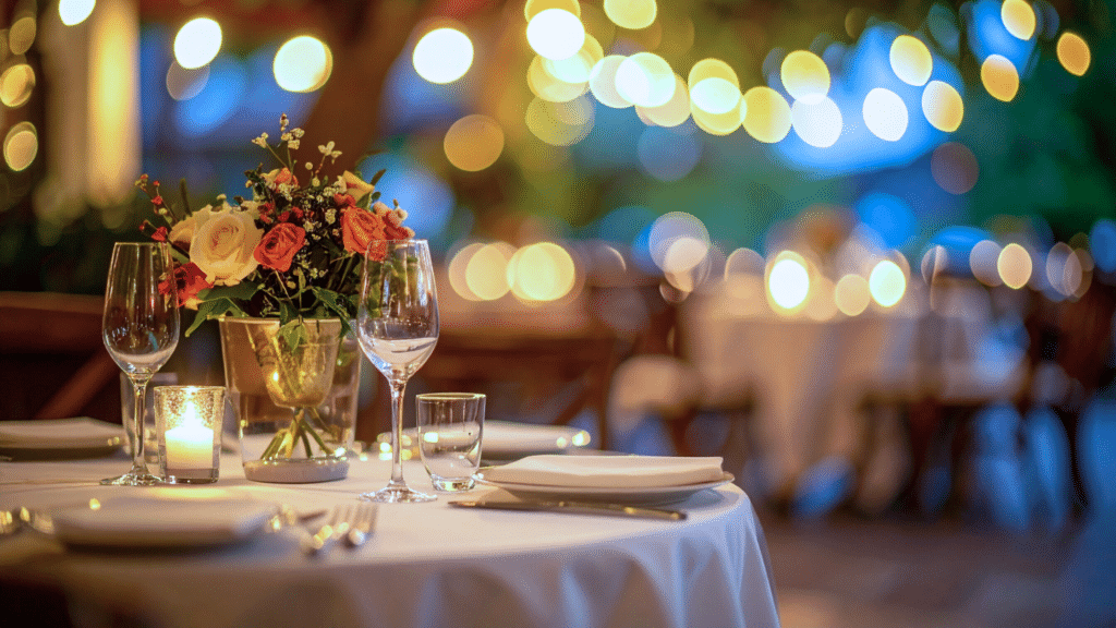 Table set with a candle and a bouquet of flowers