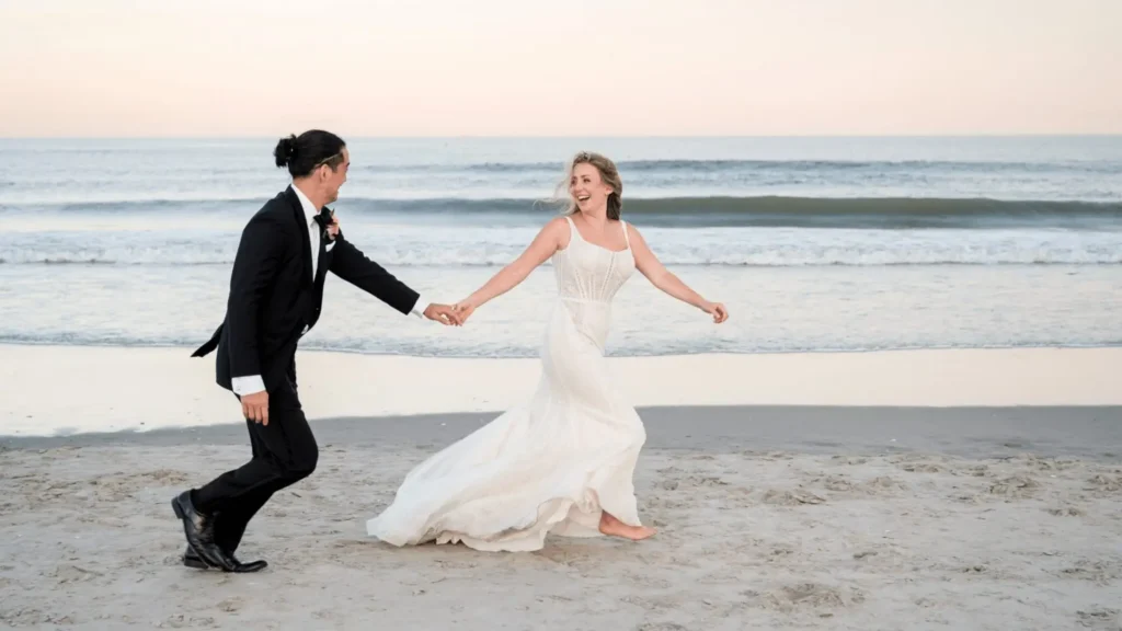 Wedding couple on the Jersey Shore beach.