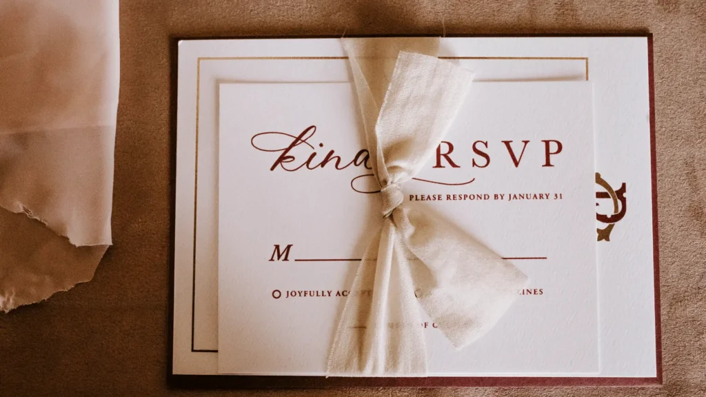 Bow tied around a wedding invitation