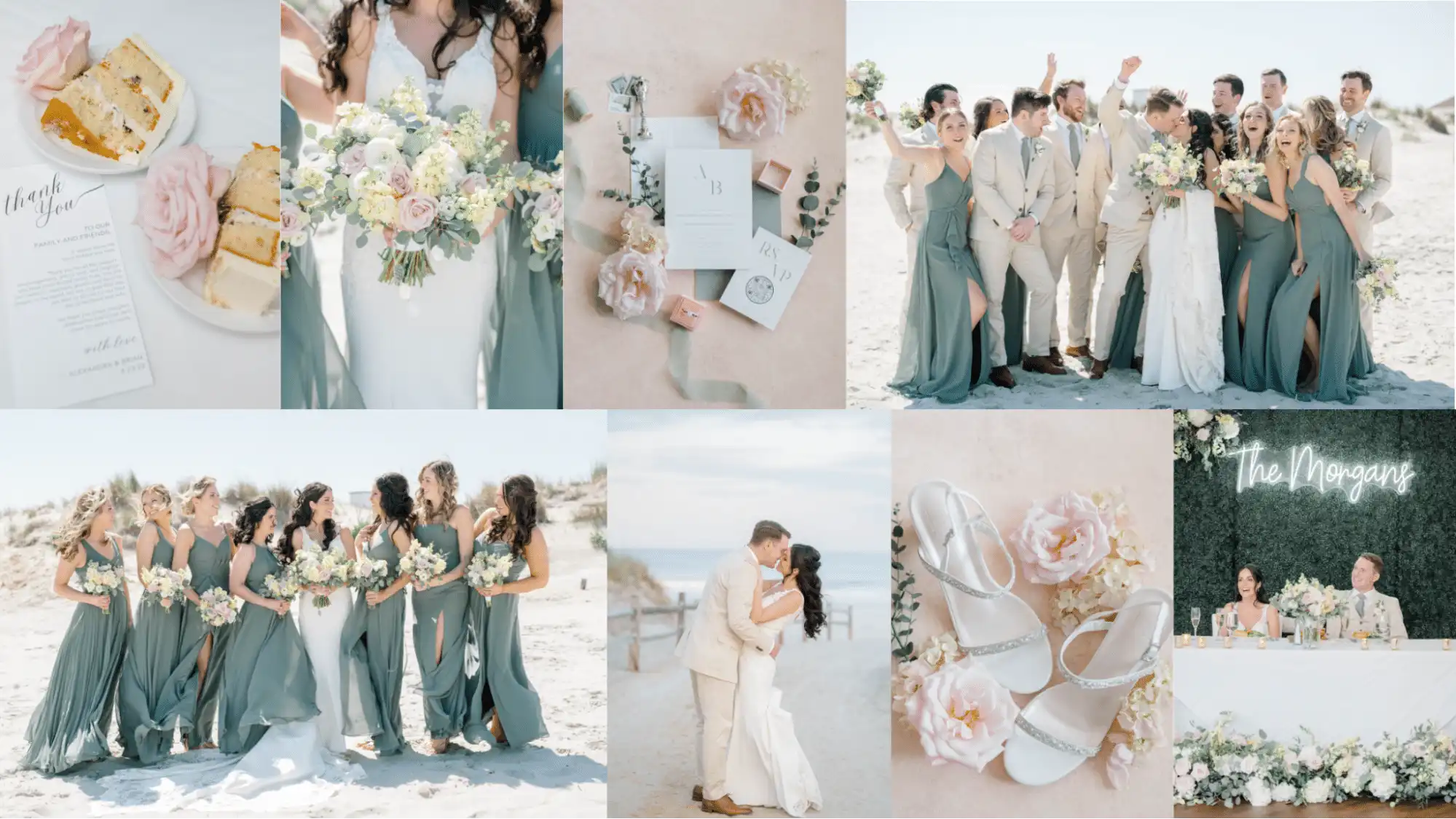 Collage of wedding photos showing green, sand, and light pink outfits and decor