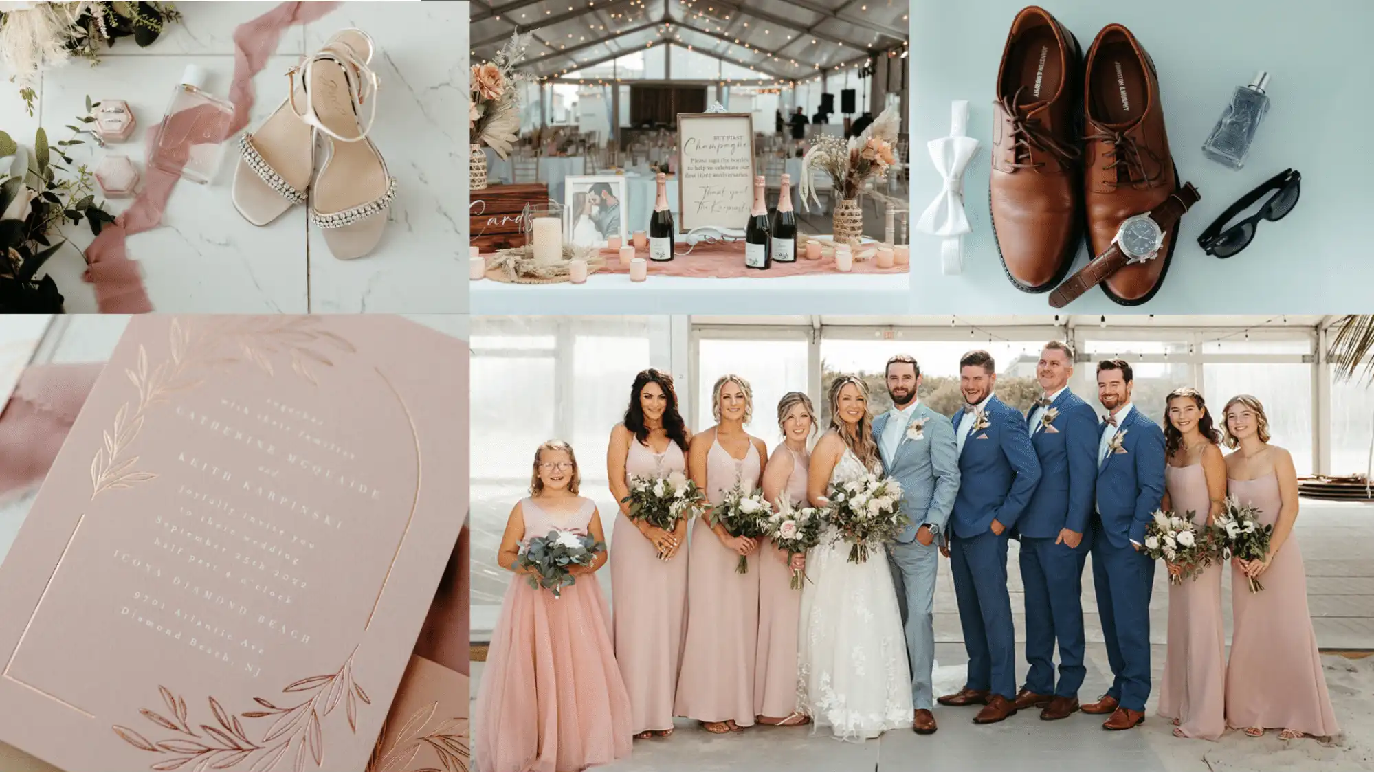 Collage of wedding photos featuring blue, pink, and white outfits and decor