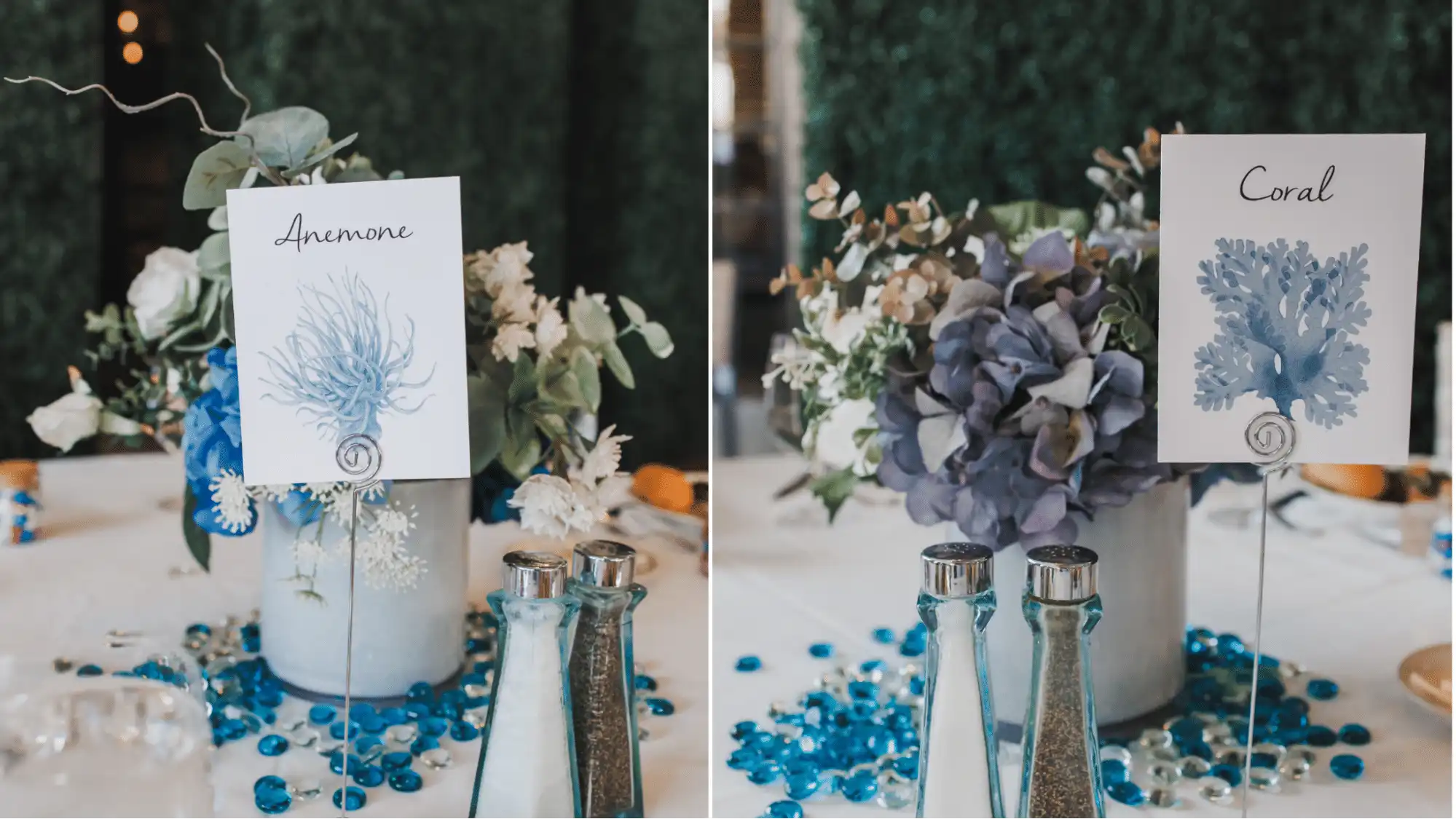 Table identification placards with the words and painted images of "Anemone" and "Coral" instead of table numbers
