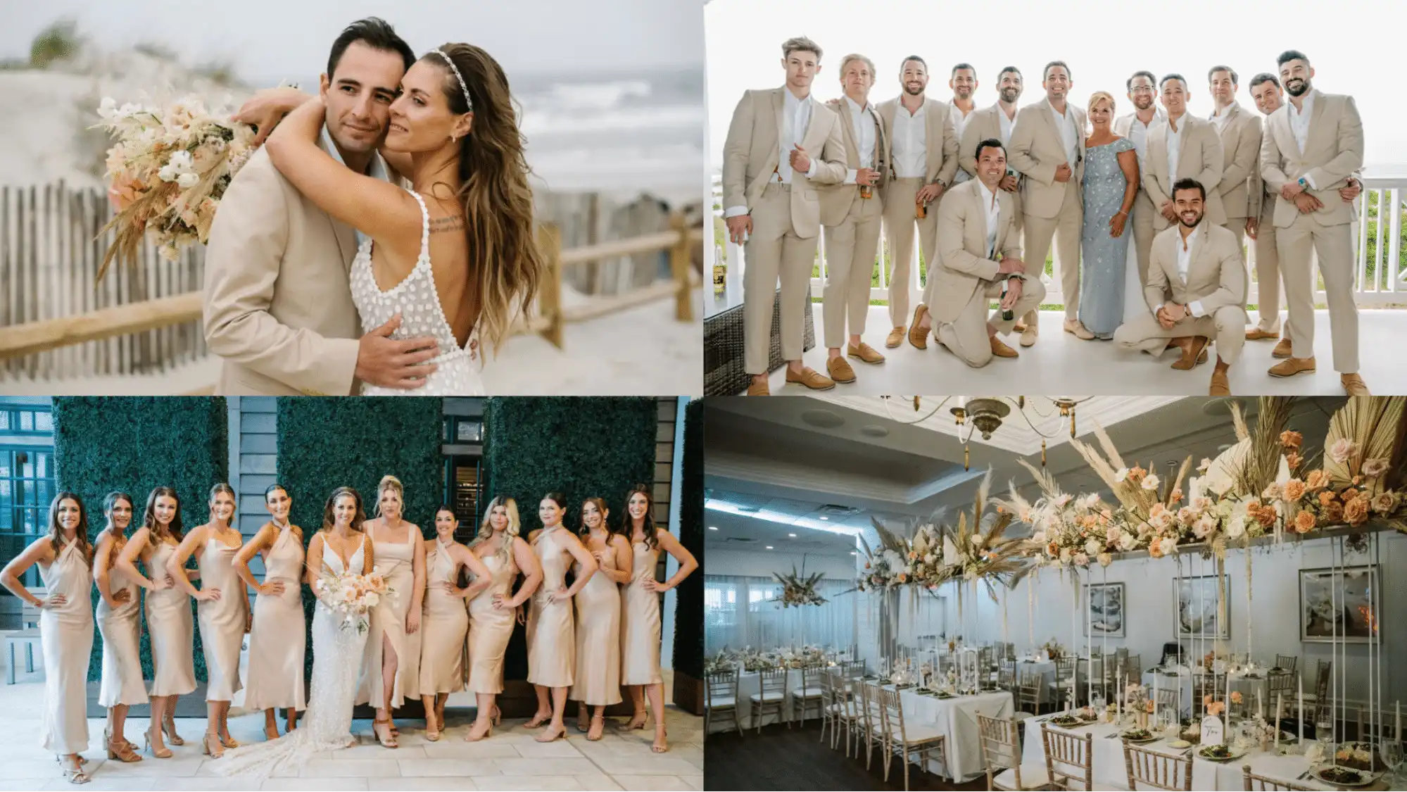 Collage of wedding photos showing sandy neutral outfits and decor