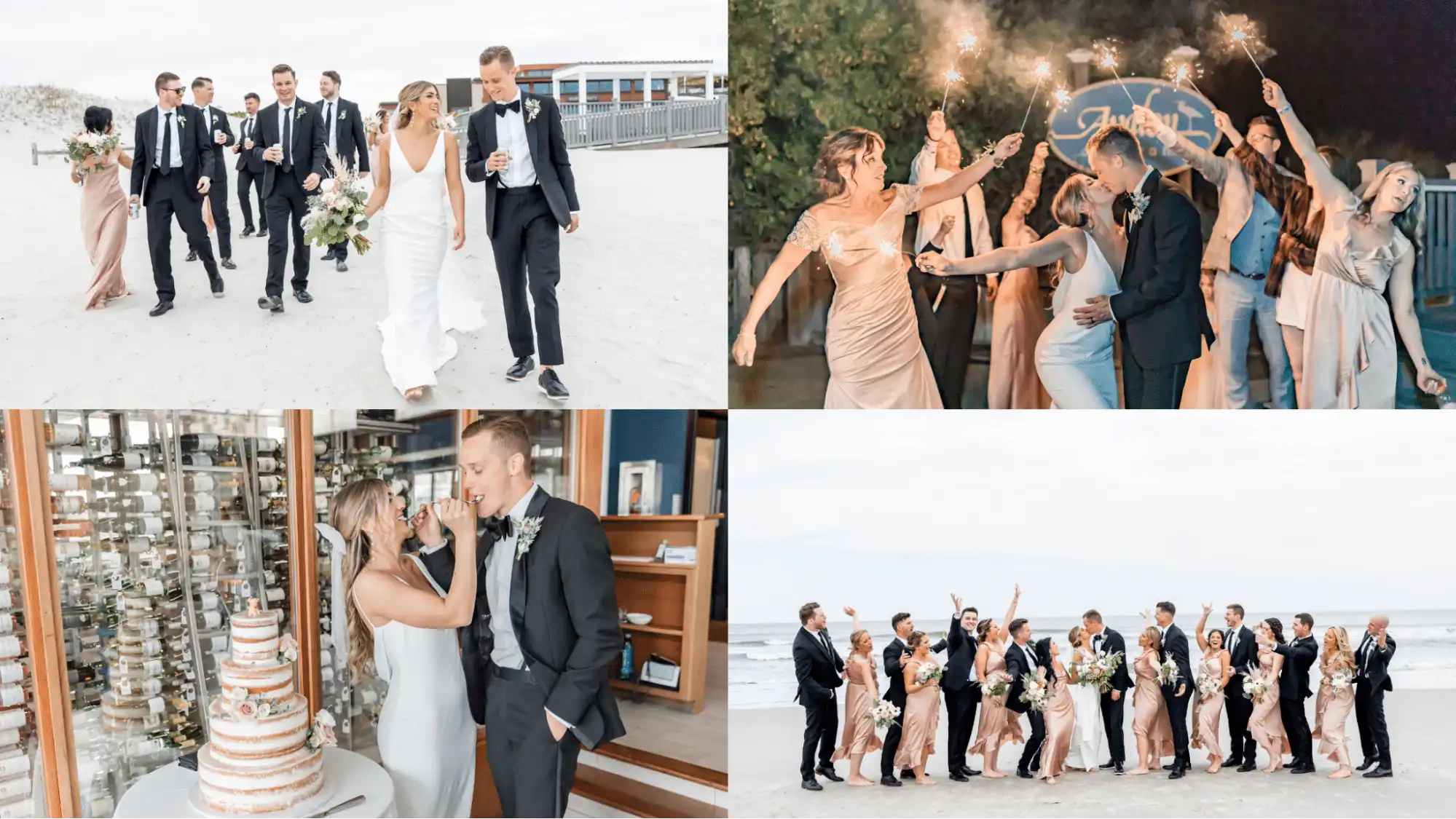 Collage of wedding photos showing pink, black, and white outfits and decor