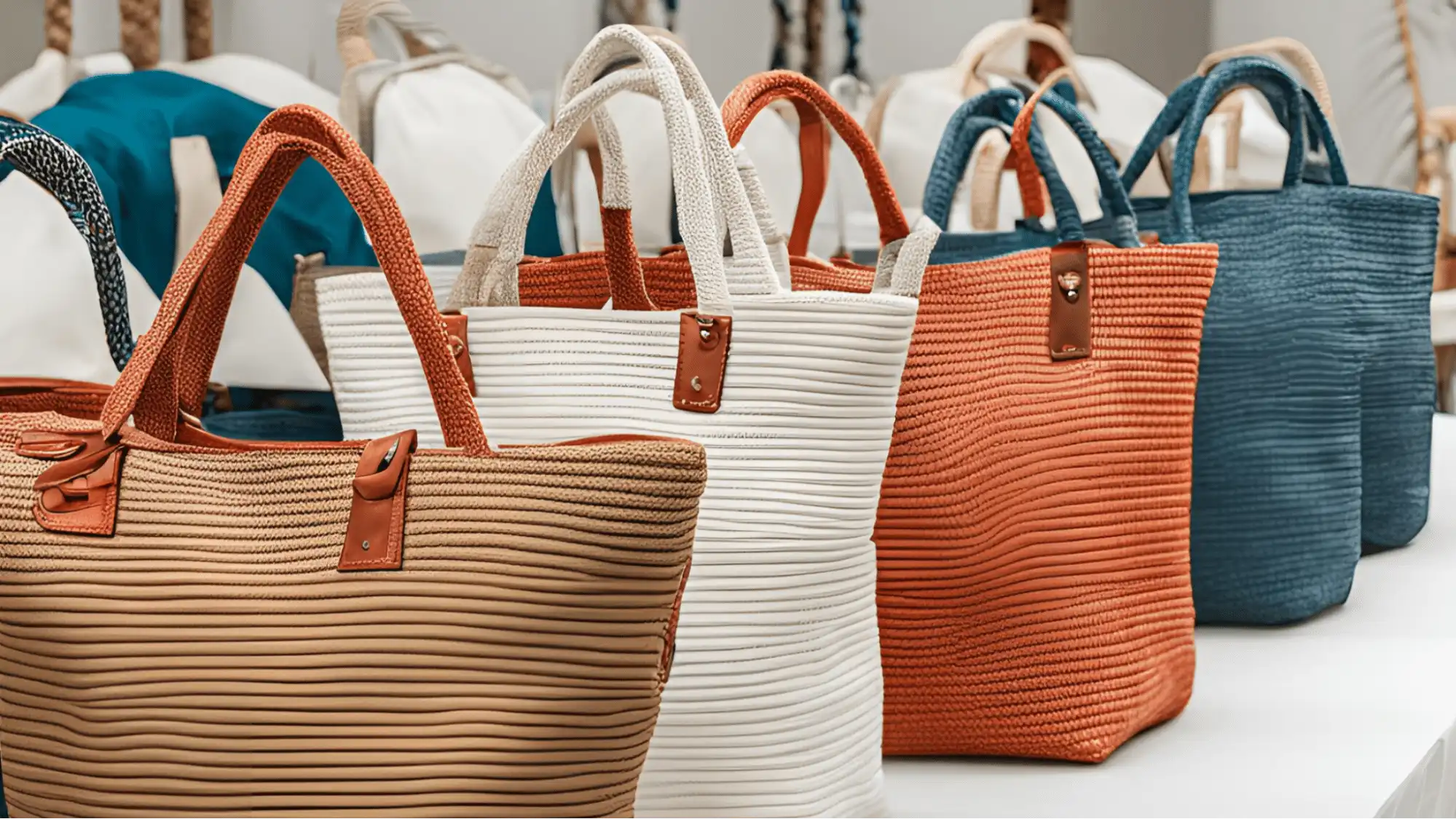 Beach bags lined up on a table