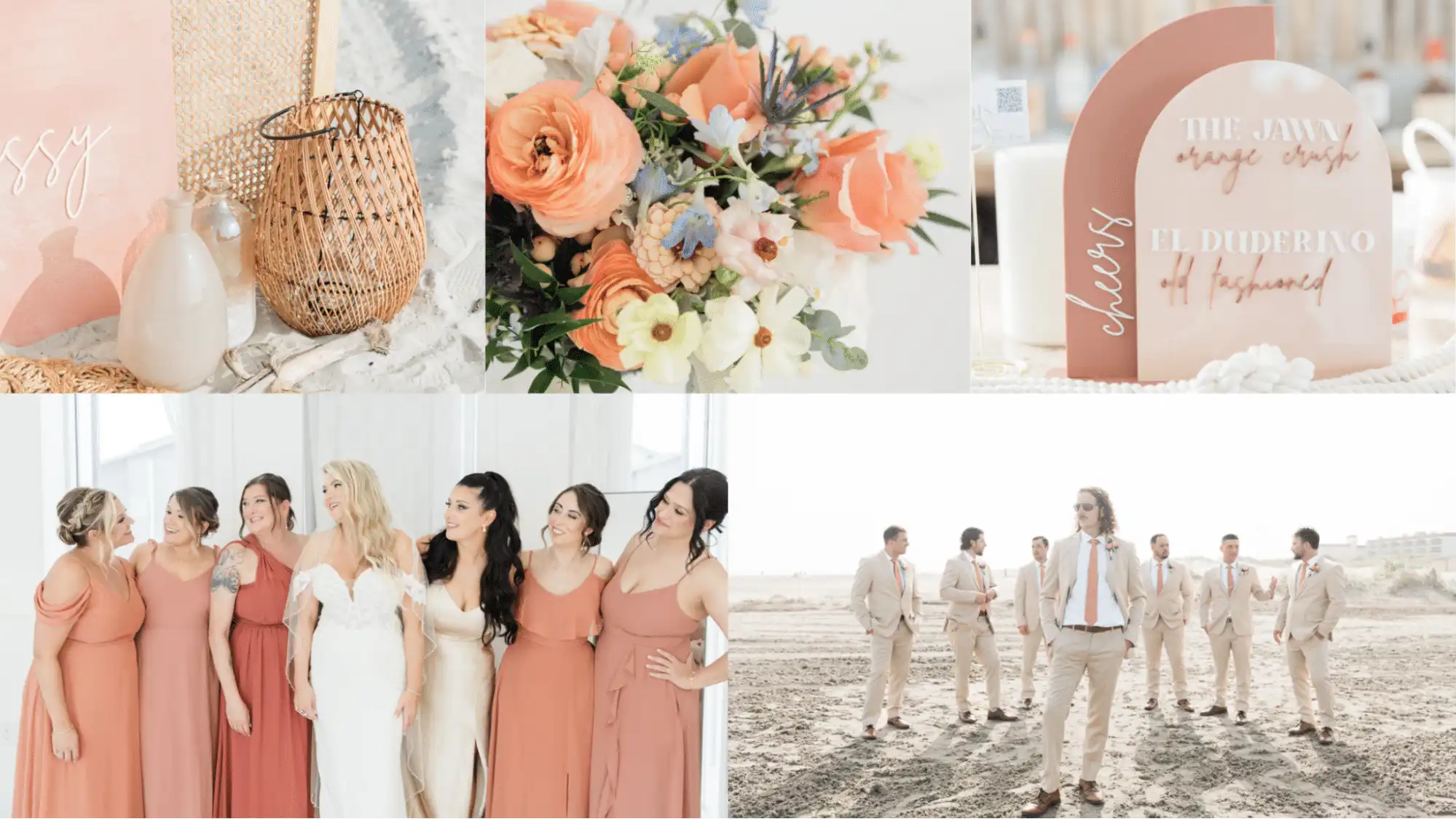 Collage of wedding photos showing coral and tan outfits and decor